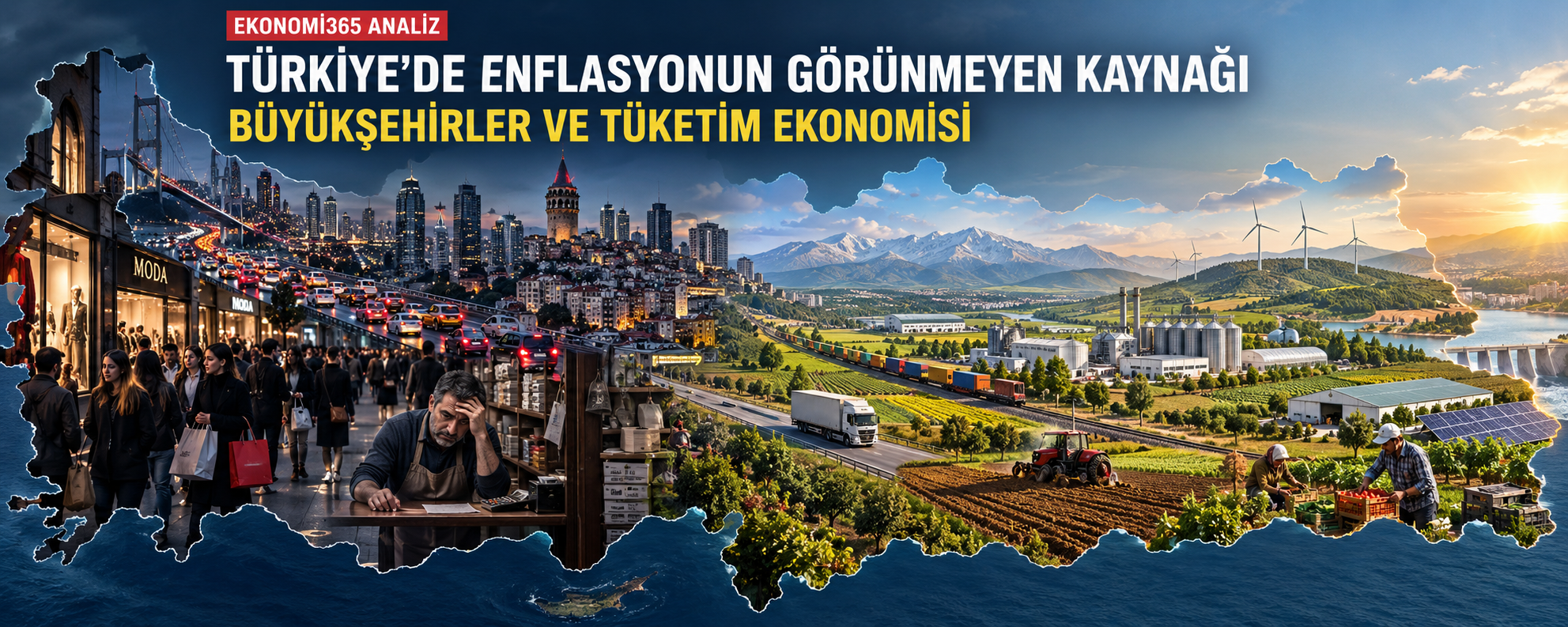 Türkiye haritası üzerinde büyükşehirlerdeki tüketim ve maliyet baskısı ile Anadolu'daki tarım, sanayi ve üretim ekonomisi
