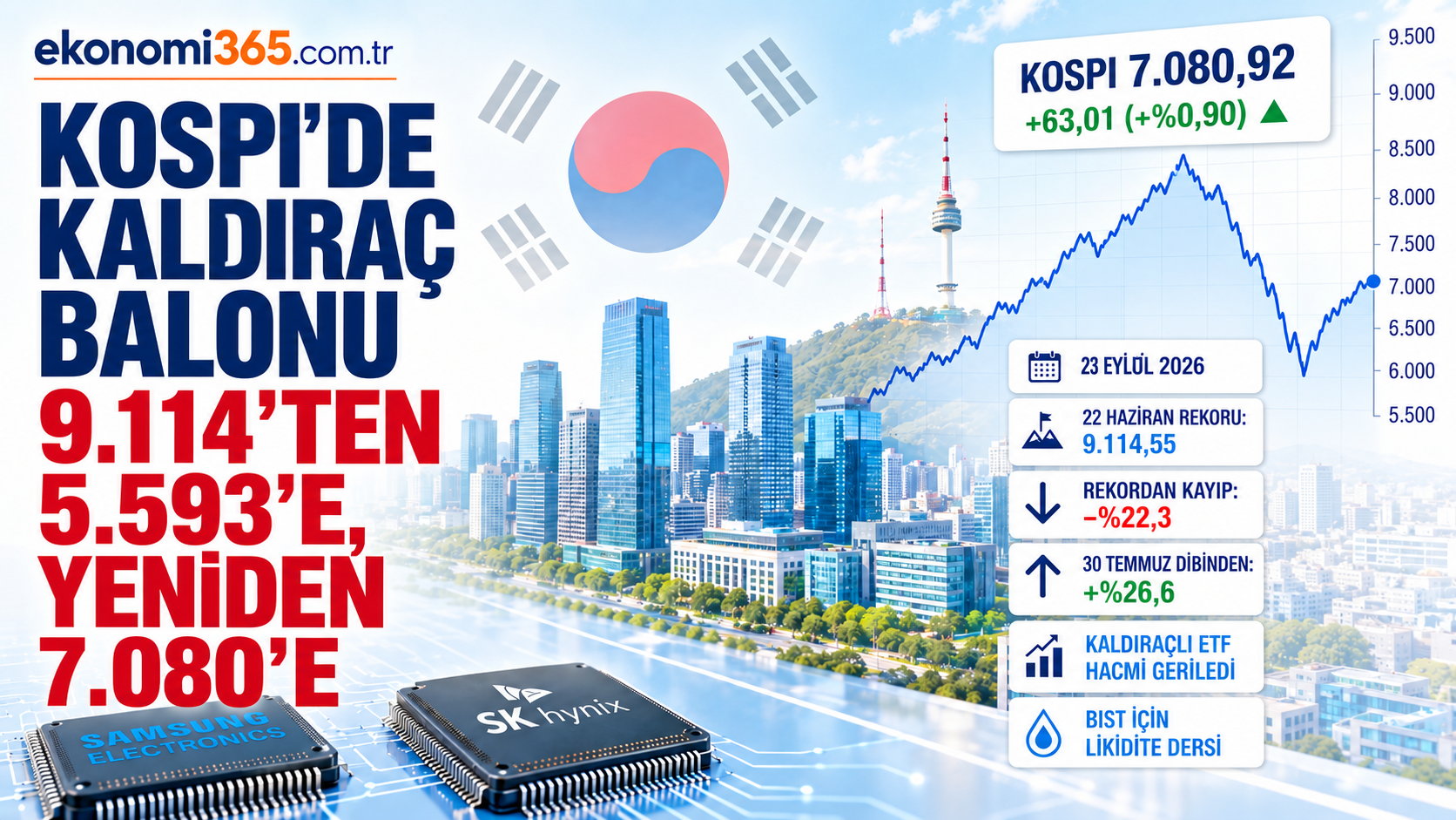 26 Eylül 2026 Güney Kore KOSPI 7.080,92 puan kaldıraçlı ETF balonu Samsung Electronics SK Hynix ve BIST likidite riski