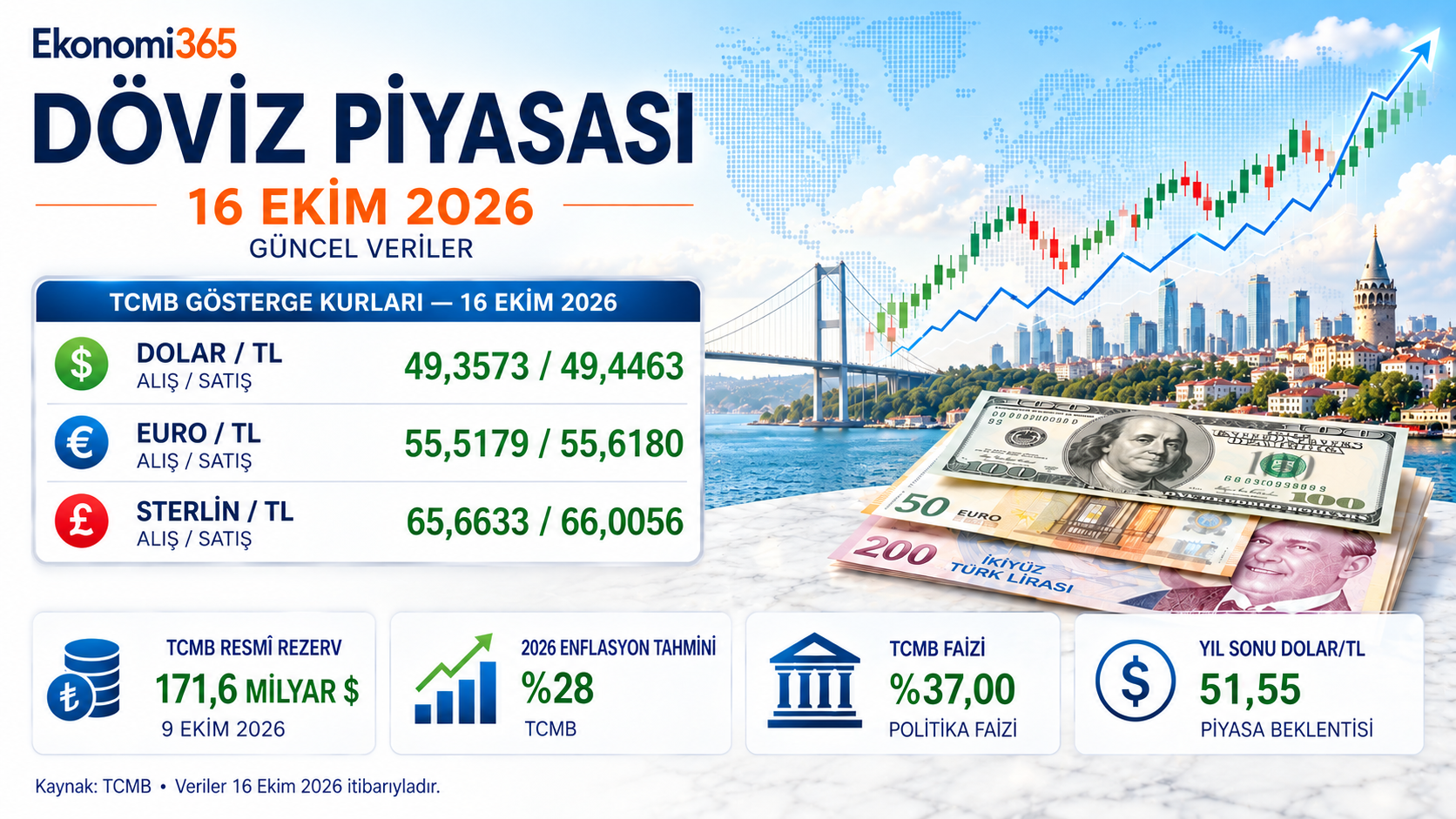 16 Ekim 2026 dolar euro sterlin TCMB gösterge kurları rezervler faiz ve döviz piyasası analizi